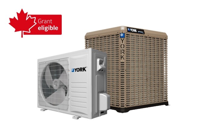 YORK® heat pumps with “grant eligible” text next to a red maple leaf.